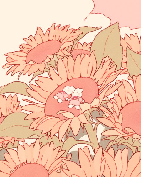 An illustration of two bunnies sleeping in a sunflower