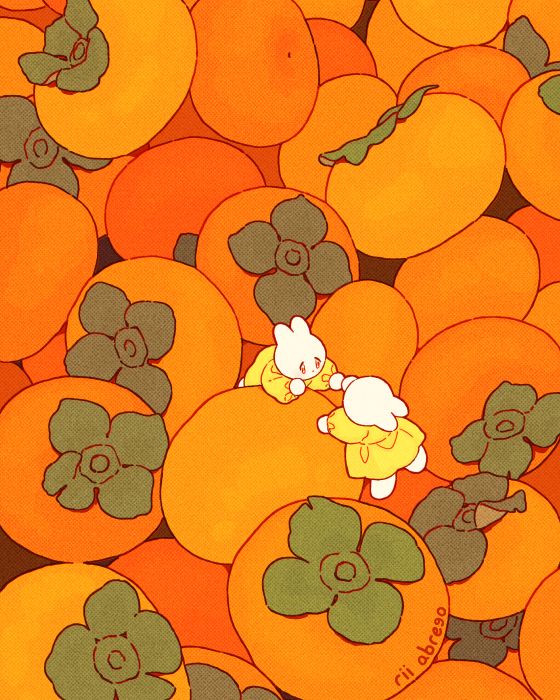 Cartoon rabbits climbing a pile of persimmons