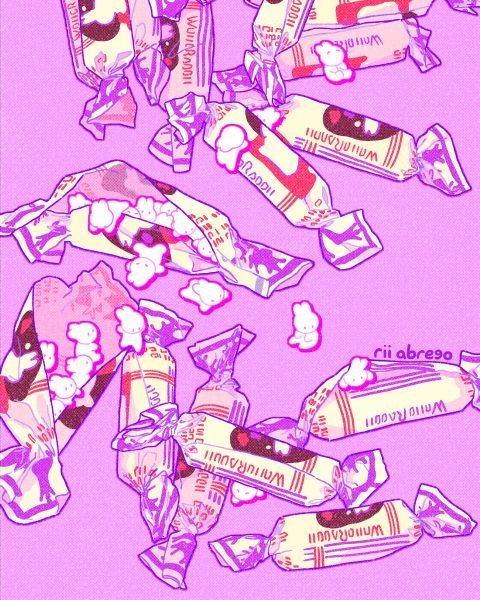 A drawing of tiny white rabbits emerging from candy wrappers