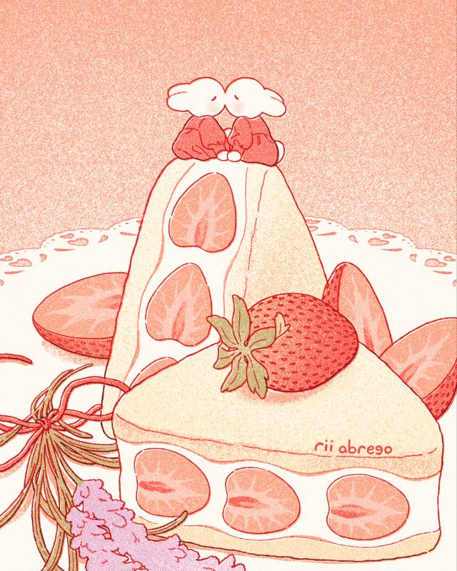 A drawing of two bunnies kissing on top of a strawberry sandwich.