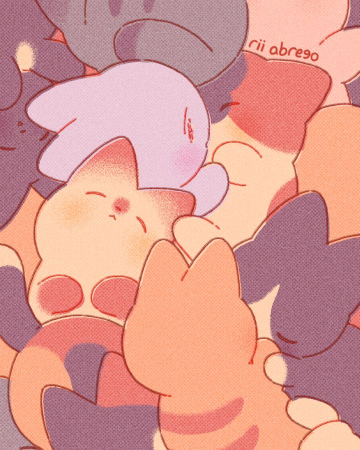 A drawing of several small, sleeping cats piled together