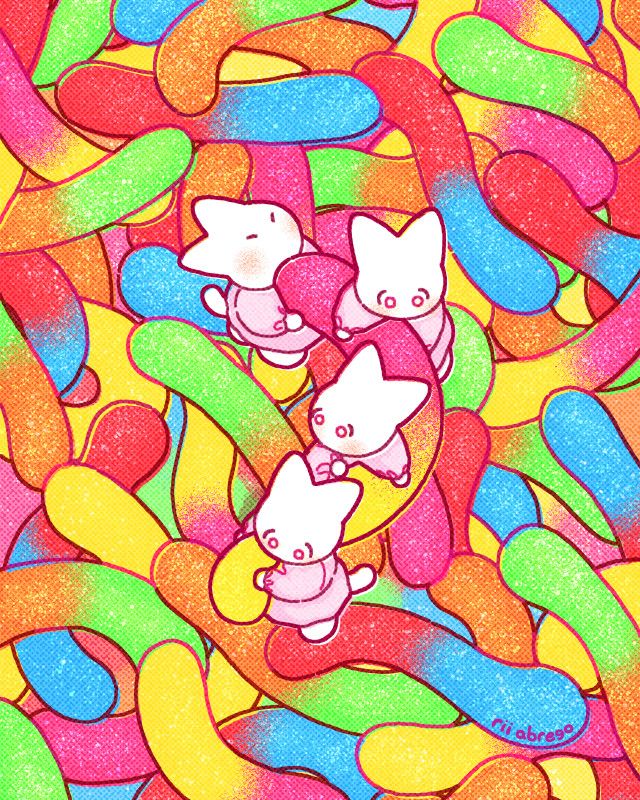 An illustration of four small cats in a pile of sour gummy worms