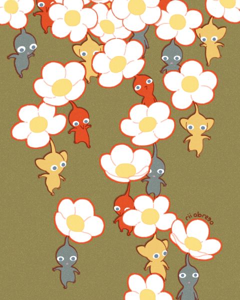 Fan art of a group of Pikmin running, flowers blooming on their heads