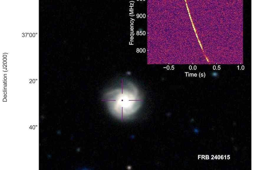 An example of a galaxy hosting a fast radio burst identified by the CRACO system using the ASKAP radio telescope.

The central image shows a galaxy (white on a black background). 

The inset plot shows the signal from a fast radio burst named FRB 240615.

Image credit: Yuanming Wang, the CRAFT Collaboration.