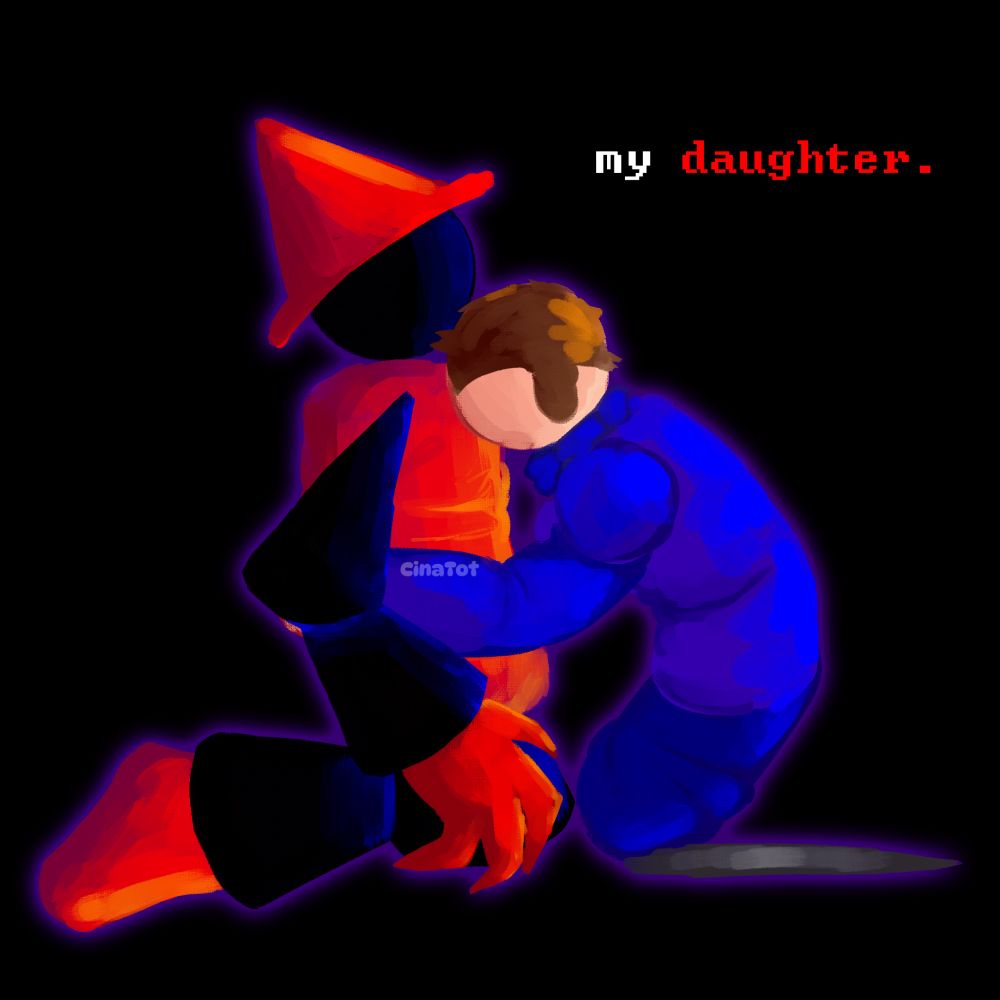 Dave on his knees, wrapping his arms around Expunged with Expunged looking shocked. Near dave is text saying “my daughter.” with the word daughter in red.