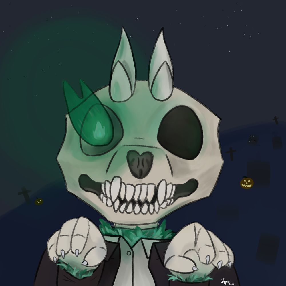 Digital drawing of my furry OC, Mint. A horned dragon, here pictured as a spooky halloween skeleton in a graveyard at night. Muted digital water color.