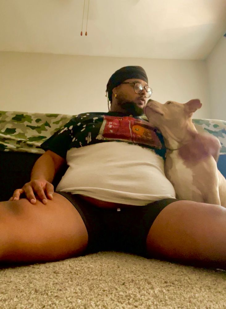 A fat cutie and the most beautiful fawn colored pitbull you have ever seen tenderly looking at each other while sitting on the floor. 