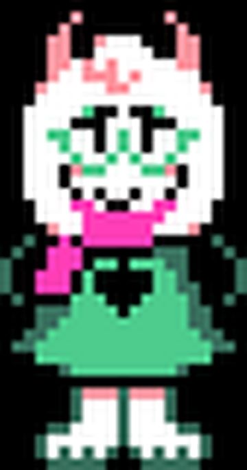 Ralsei Deltarune, a short young goat person with white fur, kind eyes with half-rim glasses who is wearing a green dress with black accents 