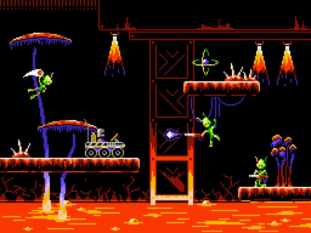 Updated pixel art of a miner surrounded by green alien warriors.