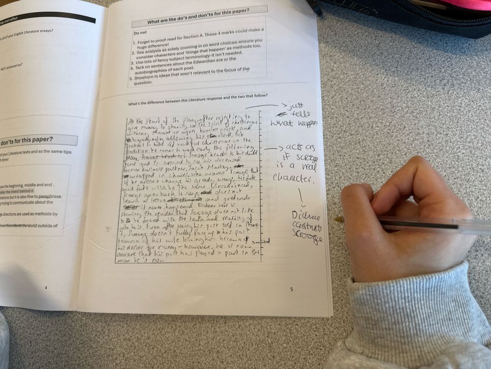 Student annotations exploring which example answer gets a Grade 4 and how we can improve it. 