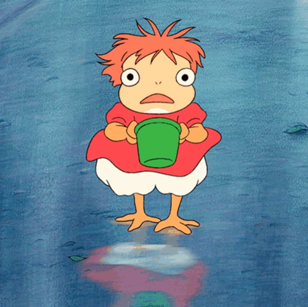 a cartoon character is holding a green bucket and making a sad face