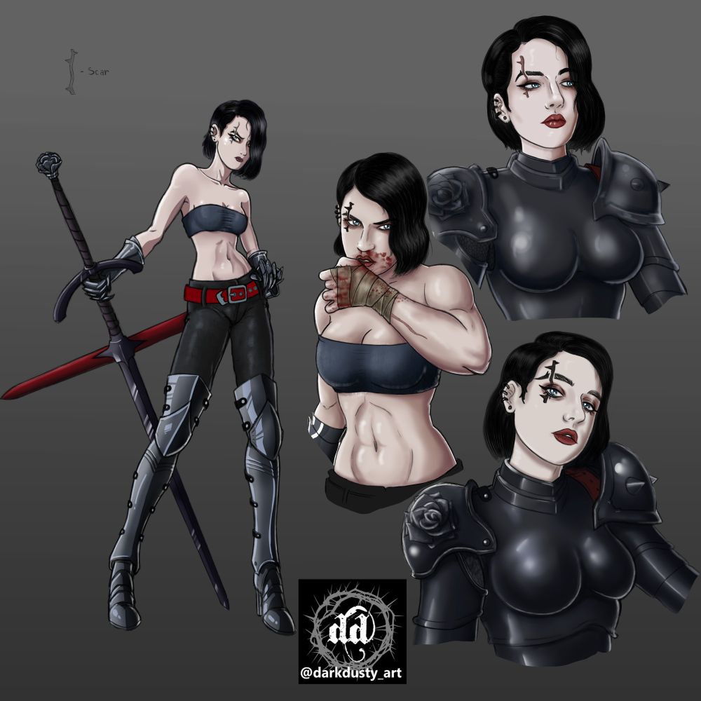 Blanche's first concept character sheet. Blanche Blackthorn is an original character by Dark Dusty. Pale, with blue eyes and short black hair, she bears a thorn-shaped scar on her face. Her dark aesthetic matches her fighting style, wielding long swords like zwëihander or katanas.