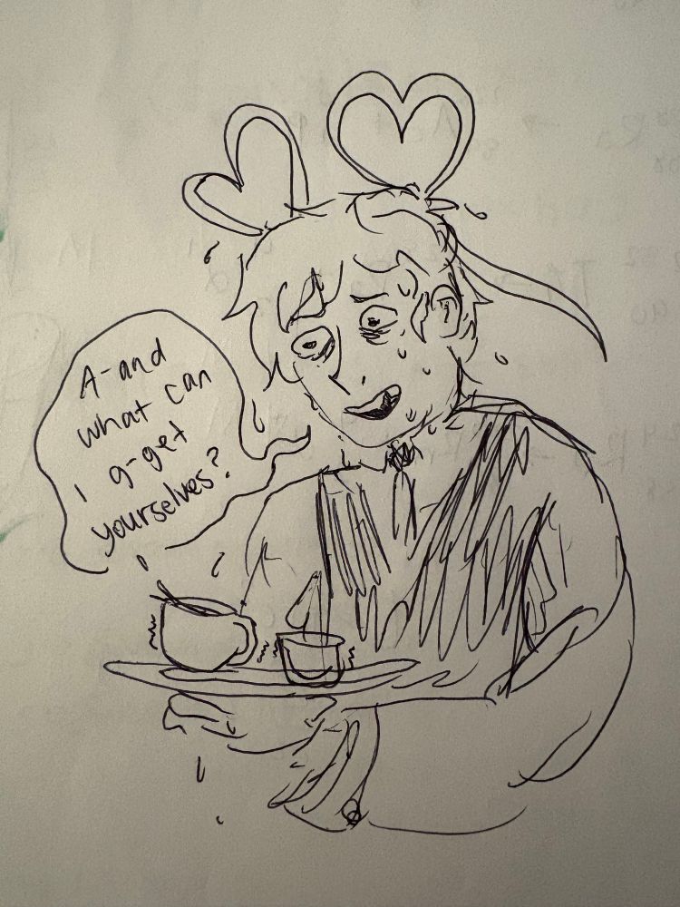 Kyle working as a waiter but sweating buckets and clearly on the verge of panic 