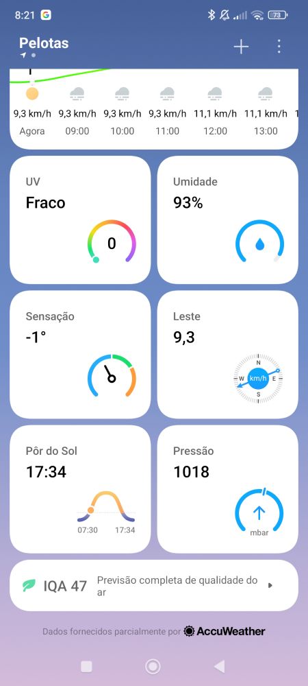 Printscreen do app de previsão do tempo mostrando umidade em 93% e sensação térmica de -1ºC em Pelotas/RS
