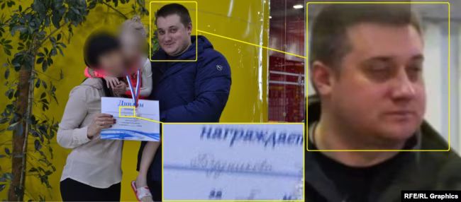 A composite image of Colonel Sergei Budnikov with his family and then from the state TV video. RFE/RL found images of him confirming his identity on his wife's now deleted VK social media account