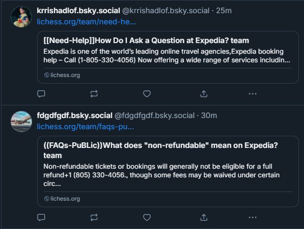 screen grab of bot-driven posts on bluesky where people are setting up  fake "team" pages on chess server Lichess with names like "How do I ask a Question at Expedia". There was a flurry of similar spam posts on Bluesky from chesscom links a few weeks back