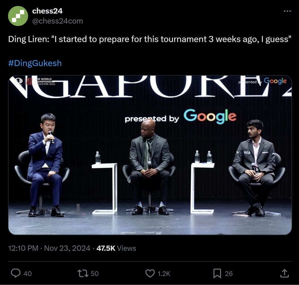 screen grab from twitter of world champion Ding Liren speaking at the world chess championship opening ceremony in Singapore as grandmaster Maurice Ashley and challenger Gukesh D look on, in apparent disbelief 