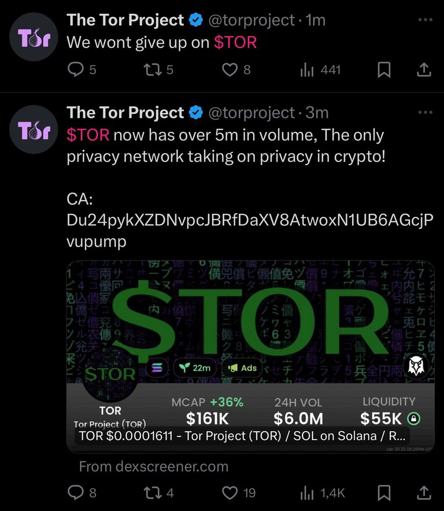 The Tor Project @torproject • 1m
We wont give up on $TOR

The Tor Project @torproject - 3m
$TOR now has over 5m in volume. The only privacy network taking on privacy in crypto!

CA:
Du24pykXZDNvpcJBRfDaXV8AtwoxN1UB6AGcjPvupump