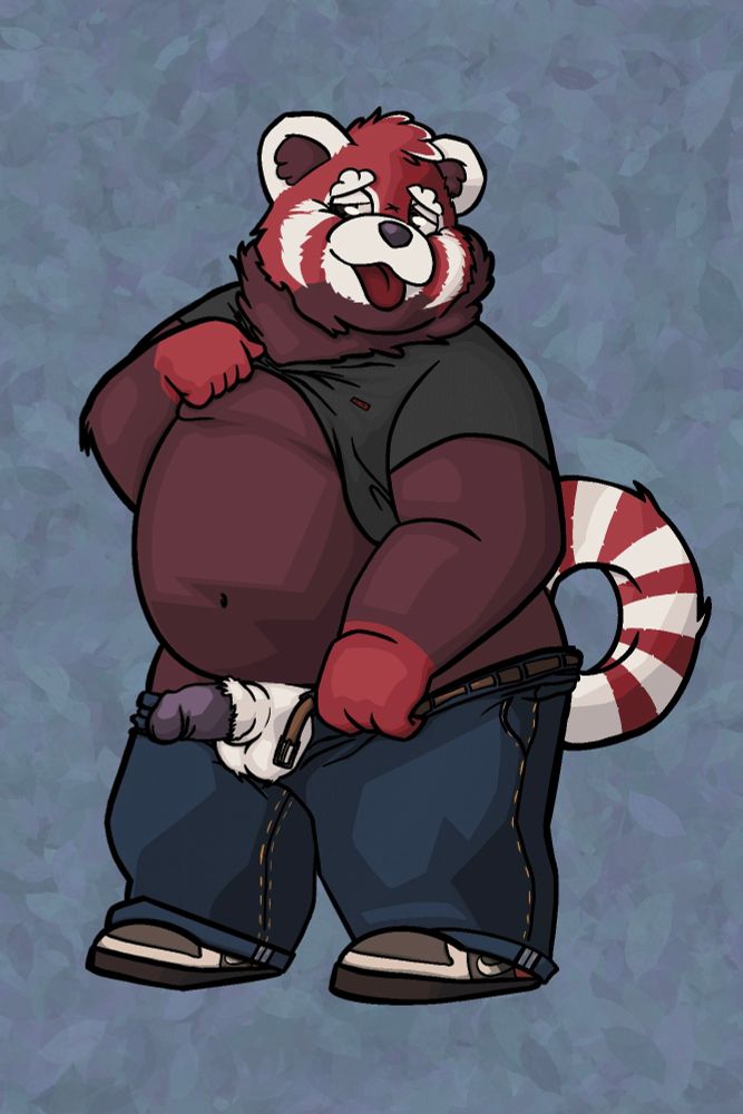 Chunky anthropomorphic furry Red Panda exposing himself by lifting up shirt and pulling down jeans.