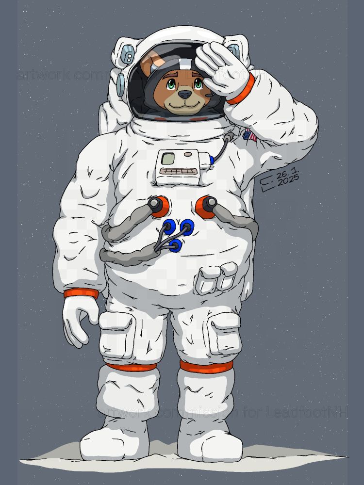 An anthropomorphic bear OC of LeadfootNH, Gordon Makwa, standing on the Moon, wearing a custom spacesuit, saluting and looking up.
