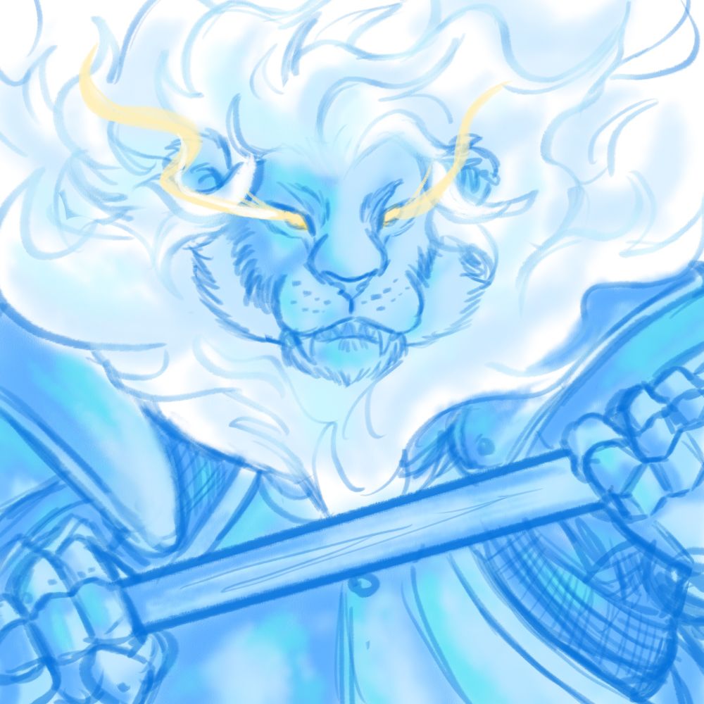A portrait of an antho lion in plate armor. The lion and armor are all a ghostly blue in color, and the lion has a fire-like white mane and glowing yellow eyes