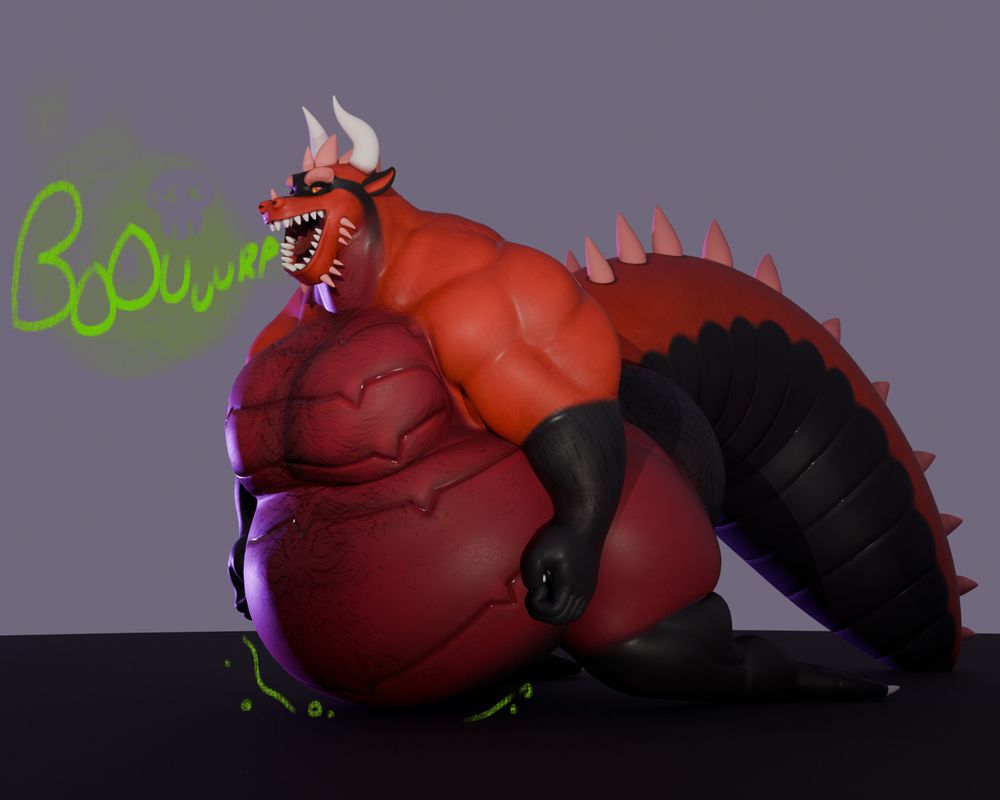 A 3D rendered image of a large, red anthropomorphic dragon. The gut h sported earlier is smaller, the meal inside having been digested. He leans forward with his knees on the floor and his thickened ass in the air. A thick, deadly belch parts his jaws open, making it clear to all in this void that a delicious meal was just had. 