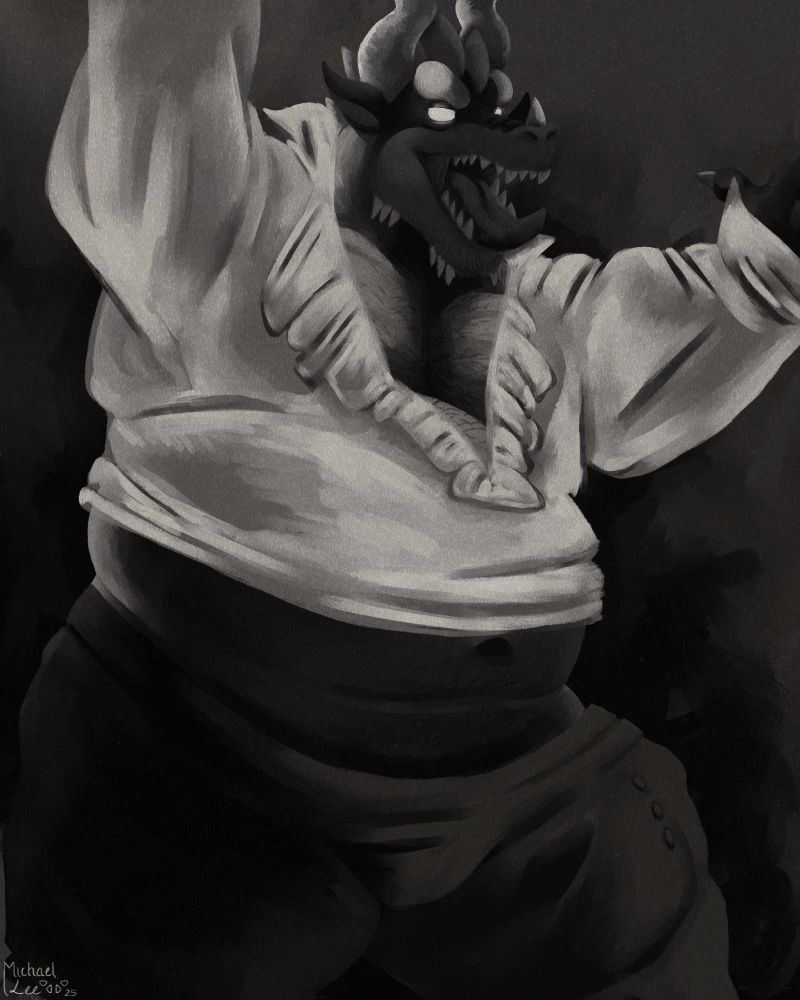 A heavyset anthropomorphic dragon clothed in a frilly white shirt with a big collar and dark pants raises his arms in the air in a frightening pose. His maw is agape and his eyes are bright, subtly glowing, and pupil-less. He is doing a fright!