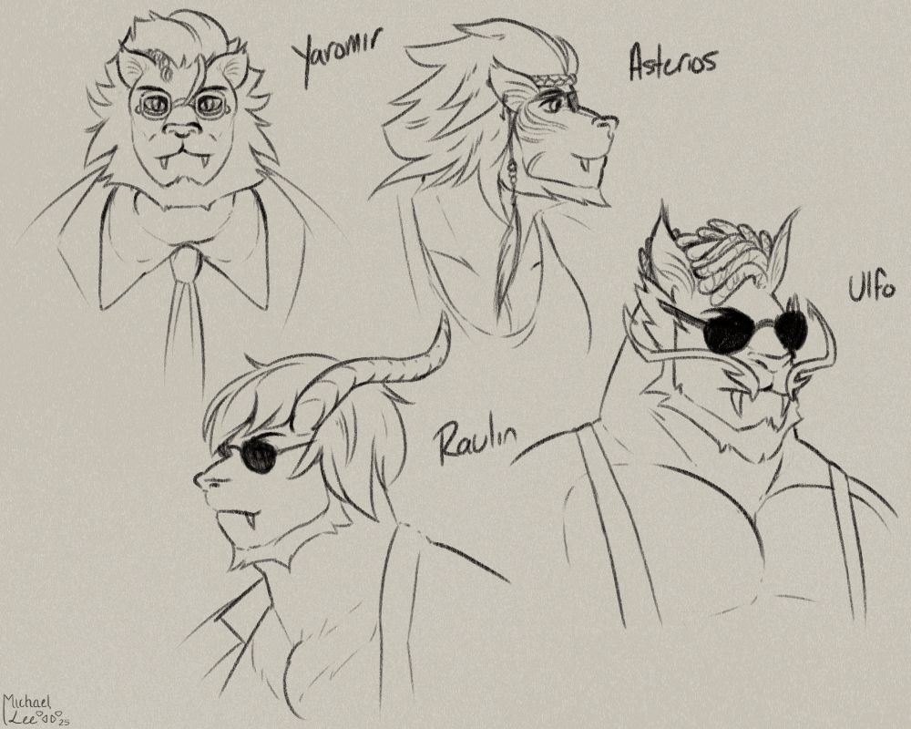 Four busts of Hrothgar from the MMO, Final Fantasy XIV. (Clockwise from the top-left) Yaromir, Asterios, Ulfo, and Raulin. 
