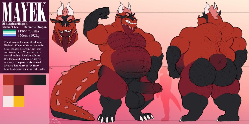 A reference sheet for Mayek, a red anthropomorphic dragon. He is beefy with large pecs and a heavy, round gut. He has a gratuitous dusting of body hair over much of his body. His cock (which is about 3 feet long) and balls (each about twice the diameter of a basketball) are out. 