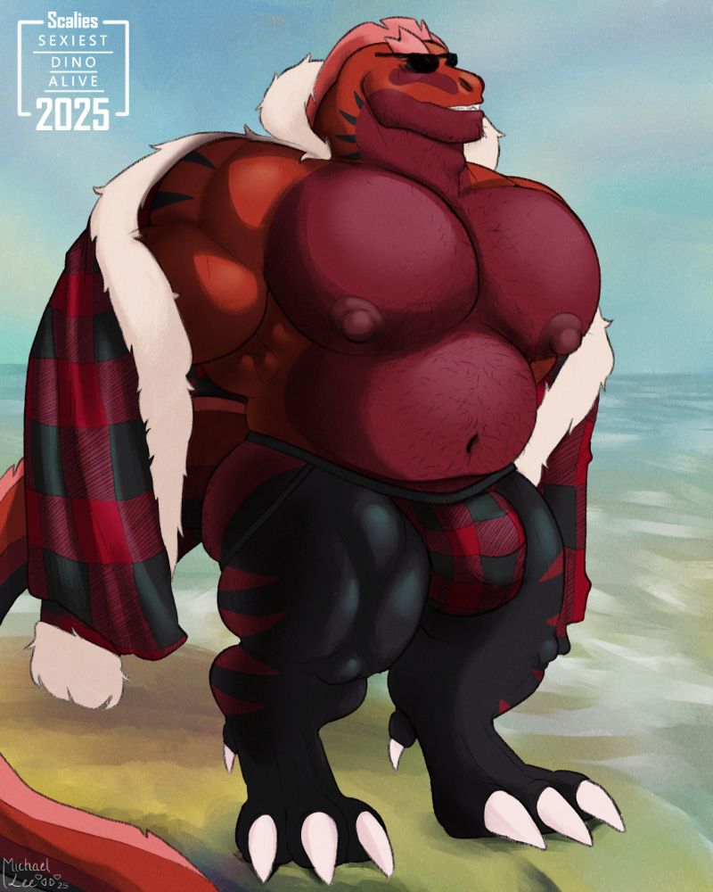 A spoof of an image from a photo shoot of Jonathan Bailey, named People Magazine's Sexiest Man Alive 2025. A red, anthropomorphic acrocanthosaurus stands by the shore on a clear day. He wears shades, a plaid jockstrap, and a plaid housecoat. He is solidly built with sturdy legs, fucking gigantic pecs, and a solid musclegut. Hair dusts his torso, ass, and chin. 