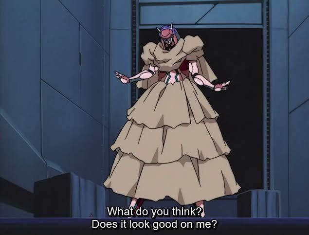 A screenshot from Zone of the Enders: Dolores, I, showing the titular orbital frame Dolores showing off in a dress she fabricated from cargo tarps.