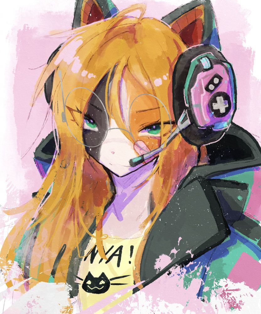 A painted bust of Sakaku Landale, a waifish calico feline with red, orange, and white fur, long and messy blond hair, and piercing green eyes. She's wearing a bulky hoodie that hides her frame, open over a yellow t-shirt that proudly declares 'Nya!' to the entire world. Her face is adorned with a radio set fashioned as a pair of homebrew cat ear 'gamer' headphones, large round networked data-glasses, and a pink bandage which covers the scrape on her cheek from when she tripped while running from the police. The image is illustrated in a painted style, and festooned with splotches of pink colour which lend the image a dreamy feel of adoration. It's not hard to imagine this piece splashed — as graffiti, a symbol of defiance — upon the wall in some privileged Inner Ring business district.