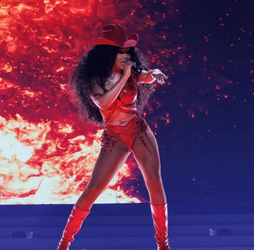 megan onstage in a red bodysuit, tall red boots and a red cowboy hat, there is a fire graphic on the screen behind her and she’s rapping and pointing at the audience and she is MOTHER!