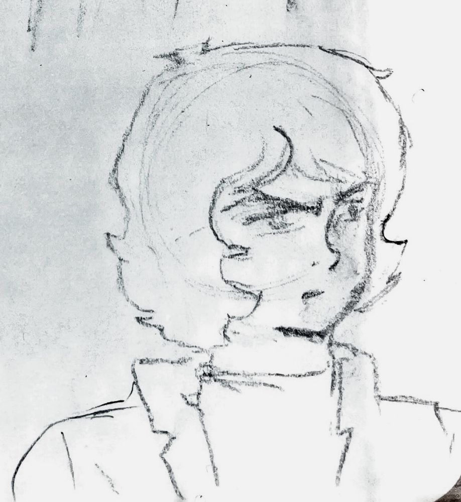 A photocopied pencil sketch of Kamille Bidan from Zeta Gundam