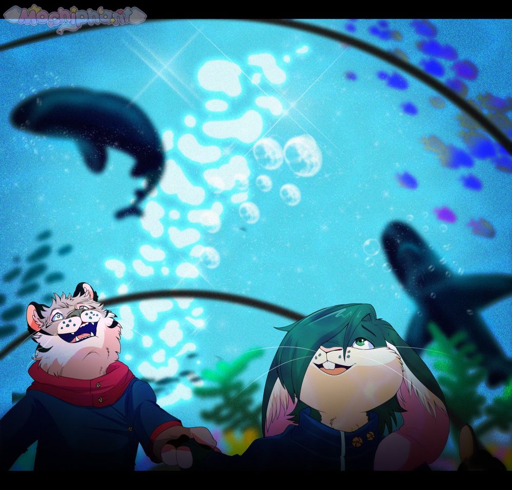 Yuji Itadori and Junpei Yoshino drawn as an anthropomorphic tiger and rabbit respectively, looking overhead at an aquarium 