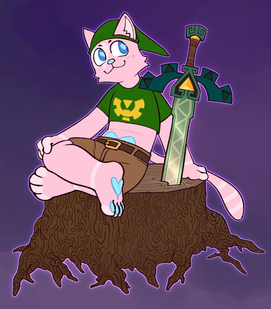 An anthropomorphic cat sitting on a tree stump dressed in a crop top and shorts resembling Link from the legend of zelda series. a sword is sticking out of the stump next to xem