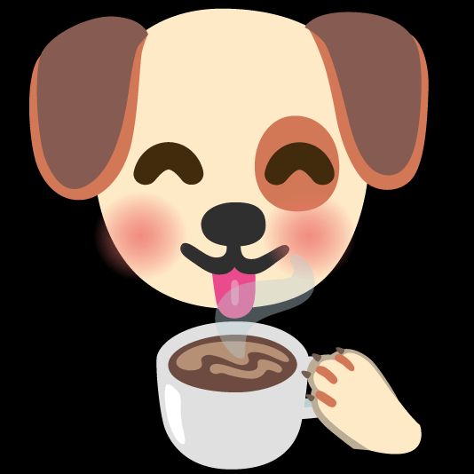 emoji of a happy dog with eyes closed and tongue sticking out to a cup of coffee that their paw is holding