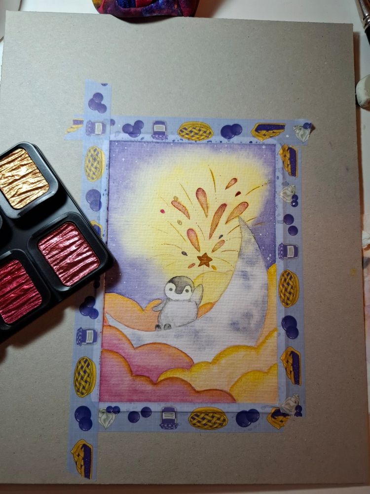 A watercolour painting of a little penguin sitting on a crescent moon, shooting sparks from a starry wand