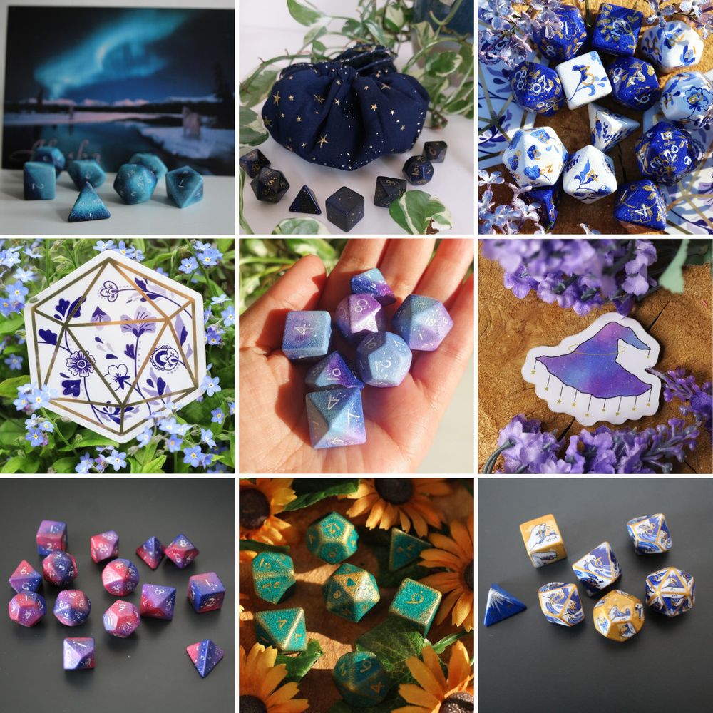 A collage of 9 pictures. first row: a picture of aurora borealis inspired dice. then a picture of a starry sky dice bag with a fitting dice set. Then handpainted dice to look like porcelaine.
second row: a dice sticker similar to the porcelaine dice. handpainted dice that look like galaxies. a sticker of a witch hat that looks like a galaxy. stars are dangling from it. 
third row: a handpainted dice set inspired by the colours of the bisexual pride flag. a handpainted dice set inspired by zelda. the 20 on the d20 is a triforce. last picture: a dice set. on each face of every dice is the great wave of kanagawa painted. the d4 is mount fuji.