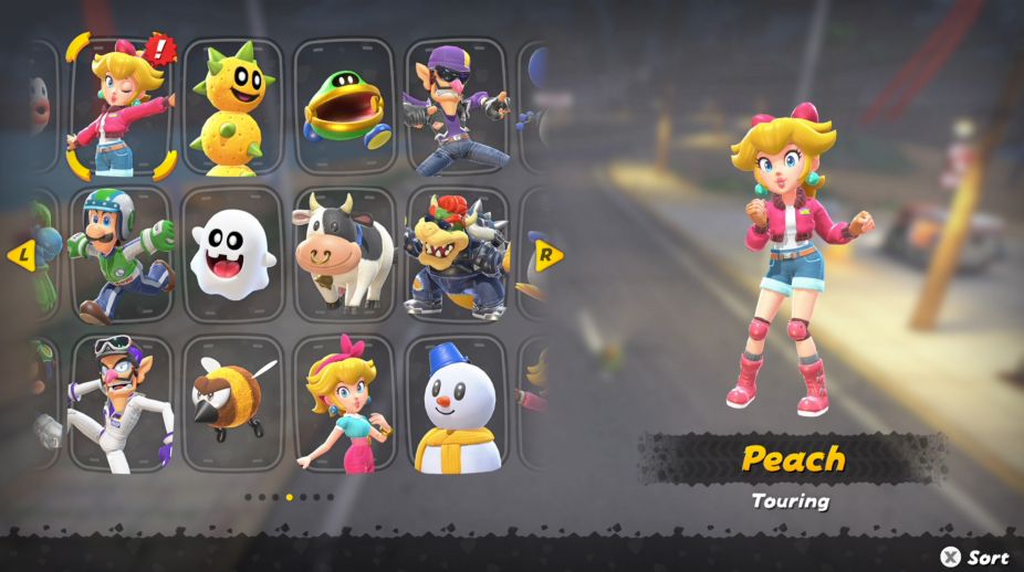 A character select screen with the cursor on Touring Peach. Peach is doing a jig while wearing a pink jacket, blue denim shorts, pink knee pads and long pink boots