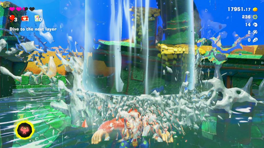 DK enjoying water splashing on him, except his fur stops the water from touching the pond