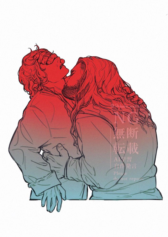 トリビル　左手でビルボの腰を掴んで寄せ、喉元にキスをするトーリンと、トーリンの右手で目隠しをされキスを受け入れるビルボ