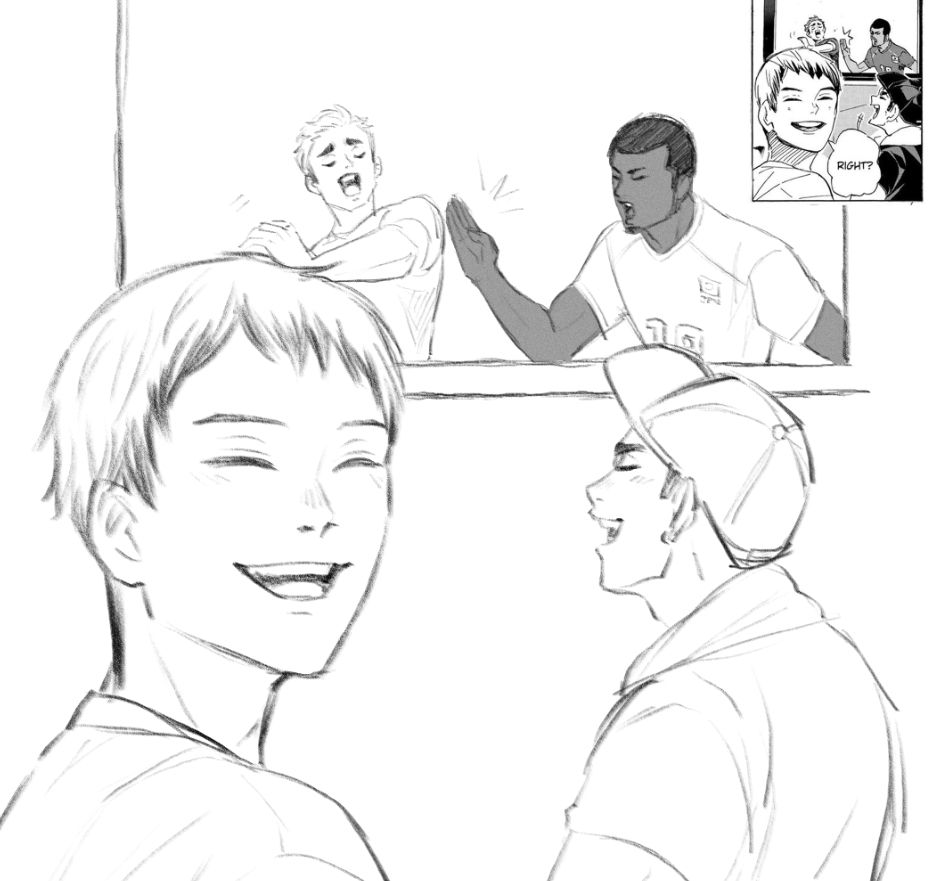 sketch of haikyuu manga panel, Kita and Osamu watching the olympics, Atsumu and Aran on tv