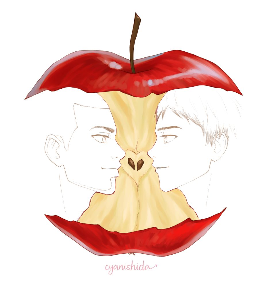 drawing trend of a eaten apple in the shape of a ship looking at each other, Aran and Kita from haikyuu