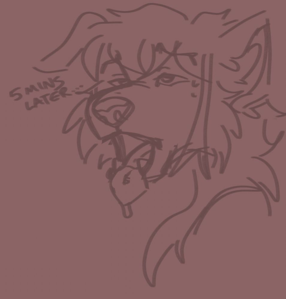 headshot of an anthro wolfdog sweating and panting with the text “5 mins later…”