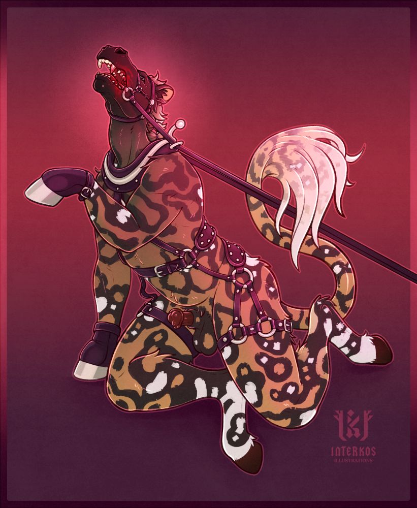 An anthropomorphic horse and painted dog hybrid kneels on the ground, wearing a dark purple leather cart horse harness and hoof mitts. An off-screen dom pulls on his reigns, forcing his snout up to the sky. Blood spatters his lip as if he's recently bit someone, and he snarls, looking back at the person pulling on him. Between his legs, the tip of his equine cock inches out of its sheath.