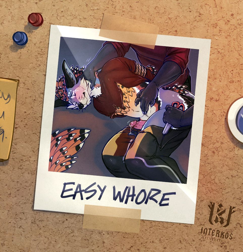 A drawing of a polaroid picture taped to a cork board. In the photo, a tied-up rexouium, Farin, blushes and drips pre-cum as he is fondled by two doms. His arms are tied behind his back with rope, and his shirt and pants have been cut up to reveal his naked body. One dom pins Farin's head down to a table with one hand and fondles his navel with the other, and the other leans his weight into the rexouium's thigh, holding a pair of red scissors in his hand. The polaroid is labeled "EASY WHORE" in marker.