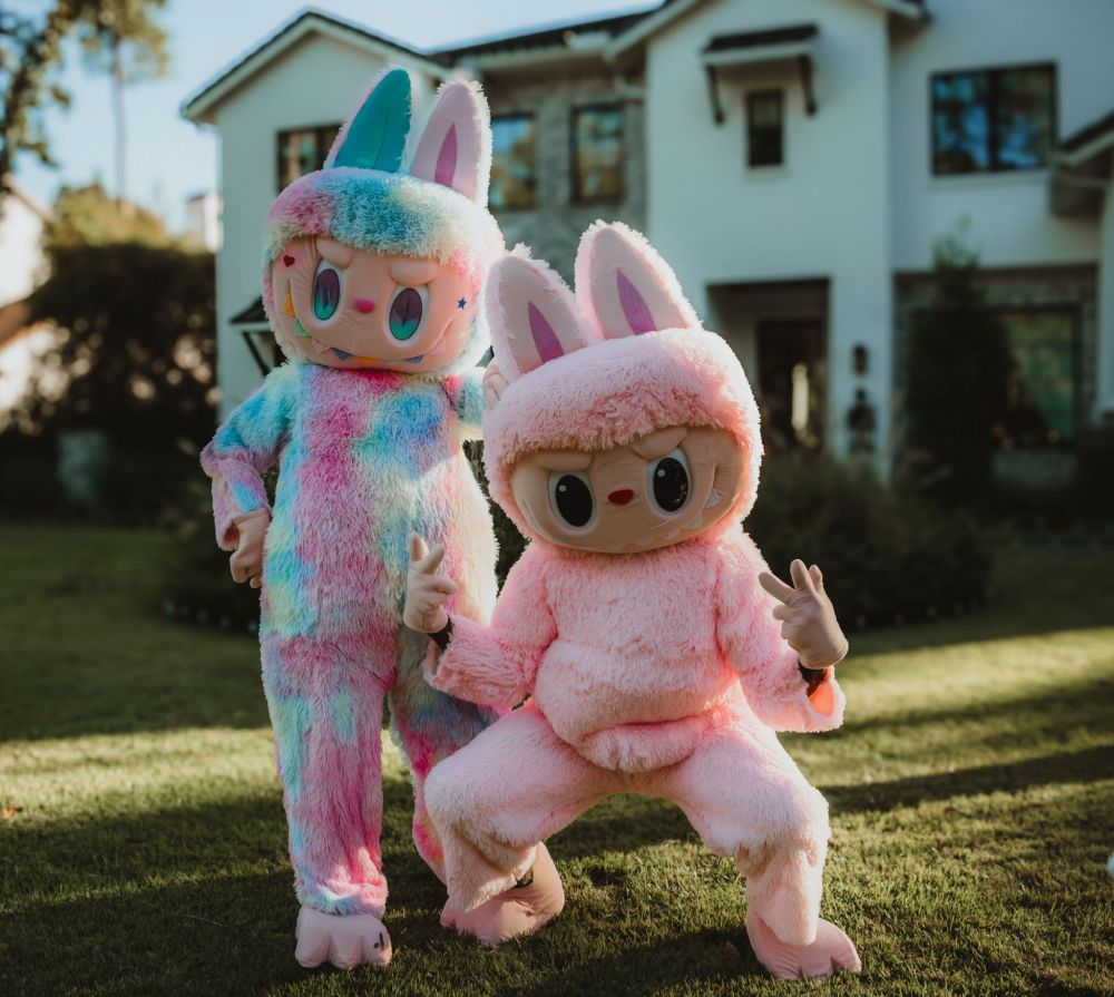 2 people dressed in labubu costumes