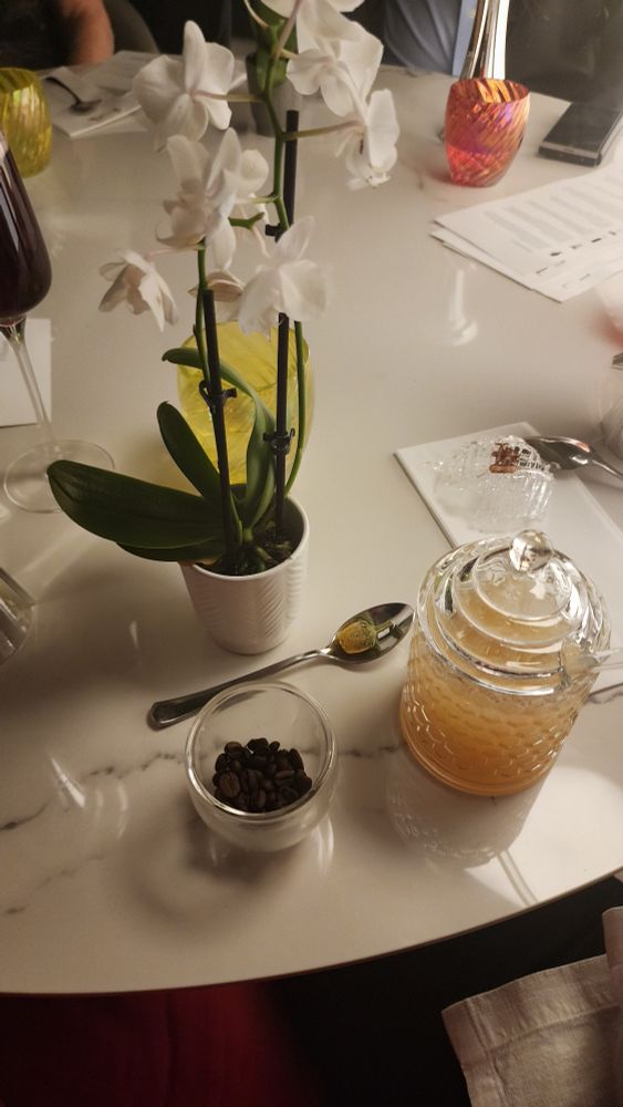 The Beehive drink. You take a drink from the honeypot looking thing, then smell the orchids, then take another drink, then sniff the espresso beans then take a bite of dandelion looking thing sitting on the spoon. The dandelion thing makes your mouth thingle & almost feel numb
