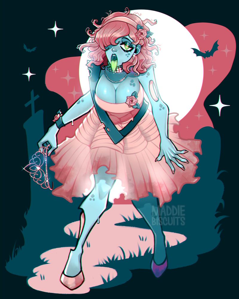 A colourful limited-palette illustration of a blue skinned and cartoonishly deteriorating zombie woman with messy pink hair and green eyes and green tongue lumbering toward the viewer. She has a torn sash, a messy pink tull dress with floral corsages, diamond jewelry and is holding a glittering tiara
